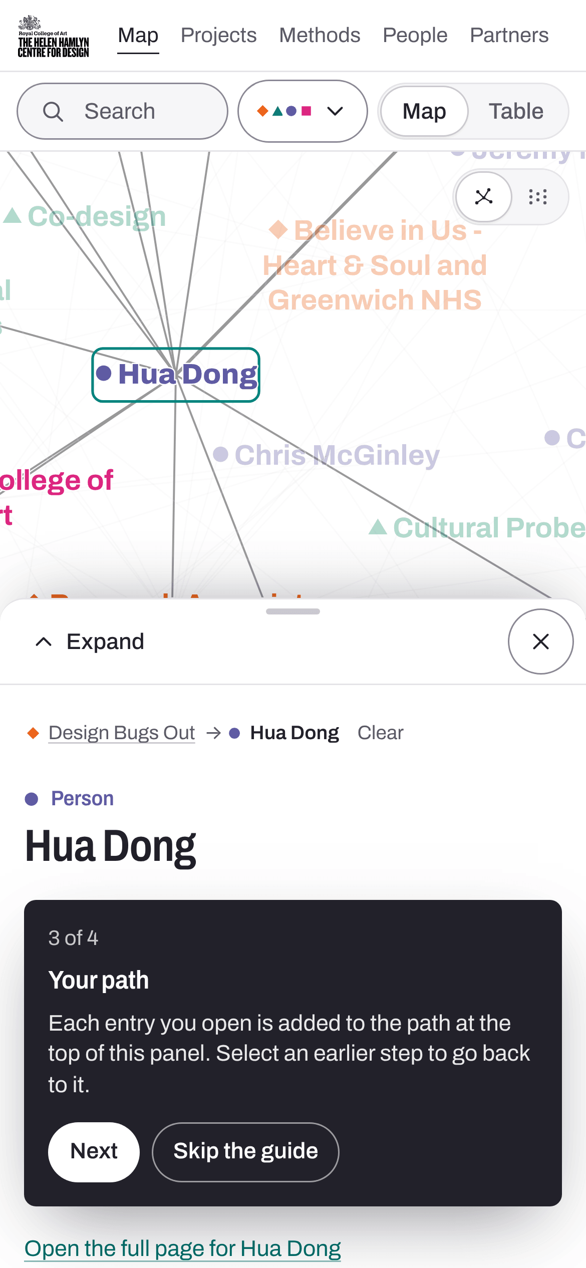 On a phone, Hua Dong's details in a sheet over the lower part of the map, with the path from Design Bugs Out above the name.