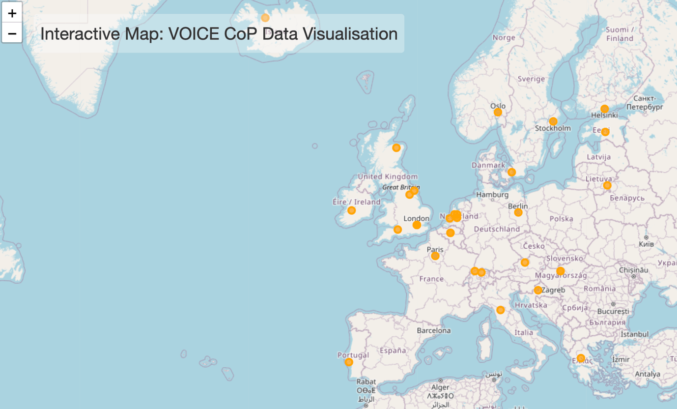 Prototype A: communities of practice as orange points on a map of Europe, with country filters.