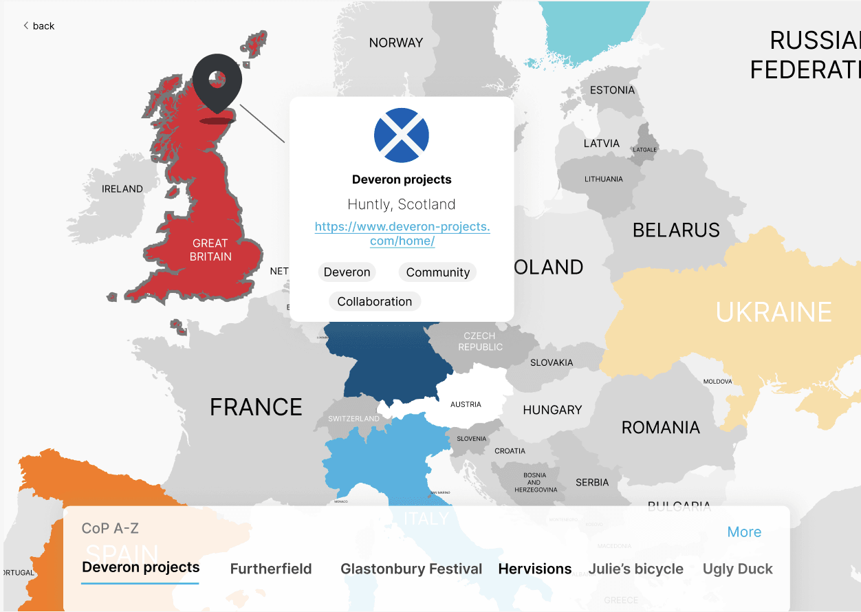 Prototype B: European countries shaded on a map, with a list of communities below.